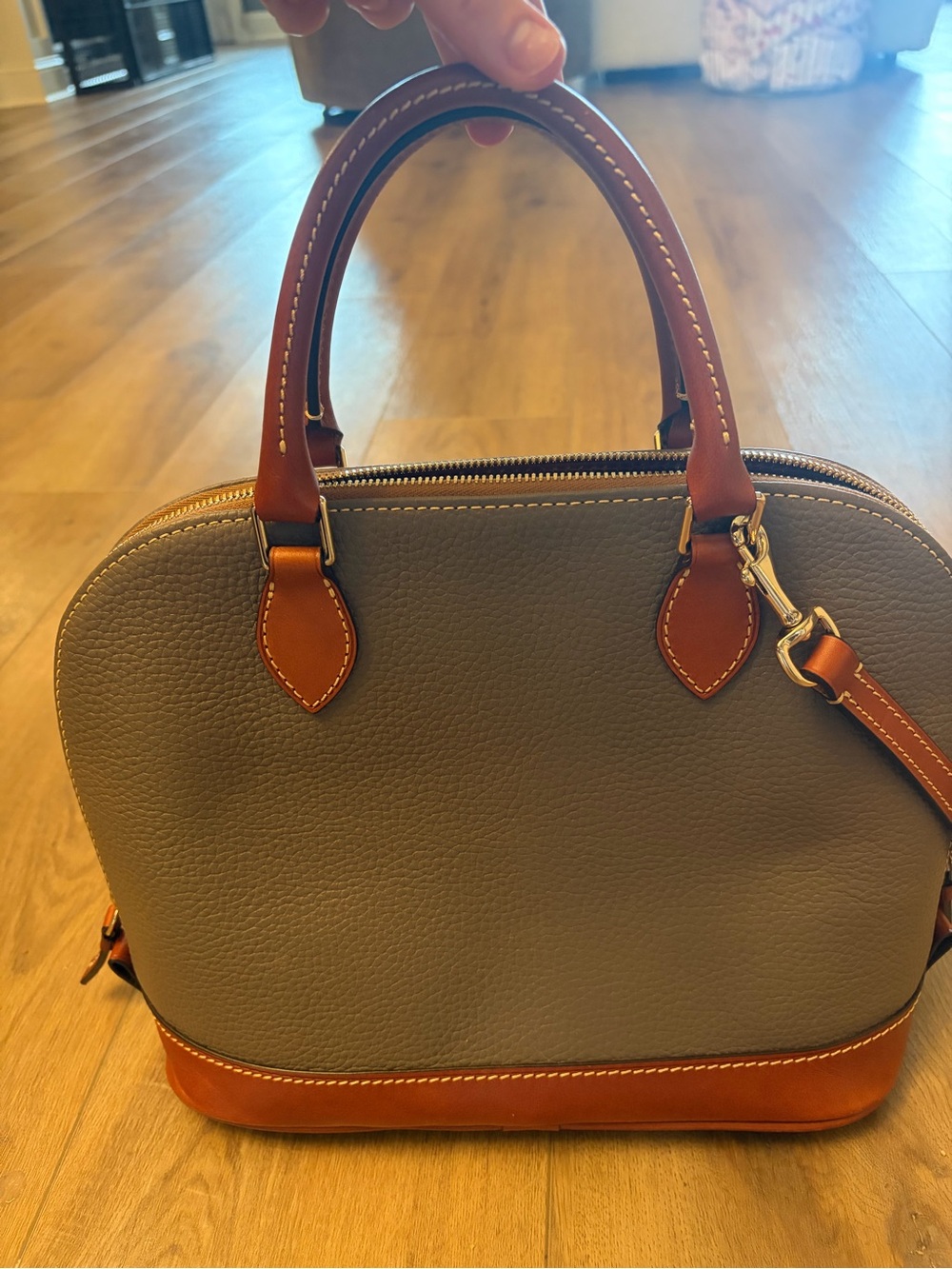 Dooney & Bourke Gray and Brown Leather Dome Satchel with Shoulder Strap - Picture 3 of 8